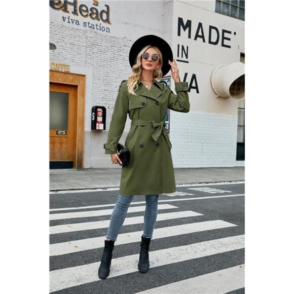 Women's Double Breasted Long Trench Coat Windproof Classic Lapel Slim - Picture 5 of 6